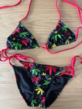 Black Triangle Bikini with Red, Green & Yellow Cannabis Leaf Print - Small